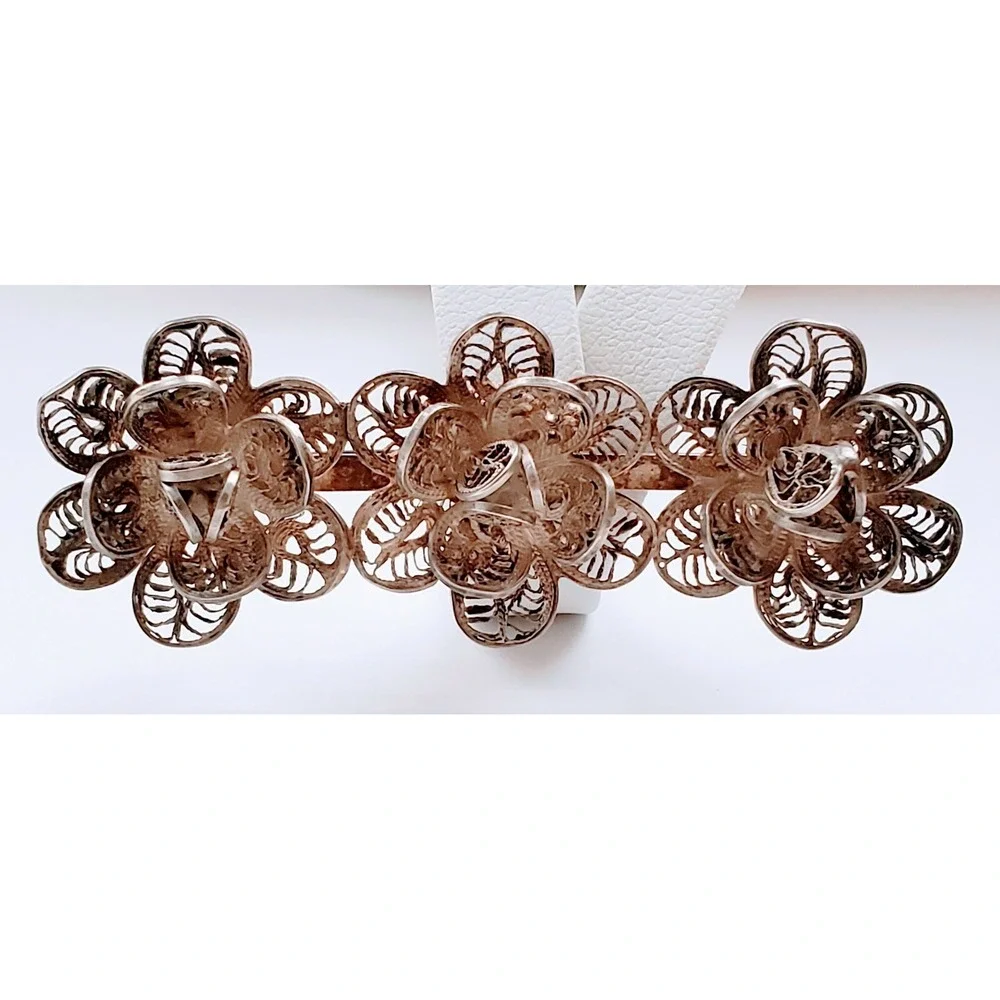Vintage Sterling Silver Mexico Trio Filigree Design Rosebud Brooch Pin